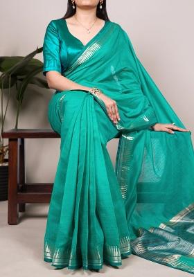 Teal Zari Weaving Silk Saree Set