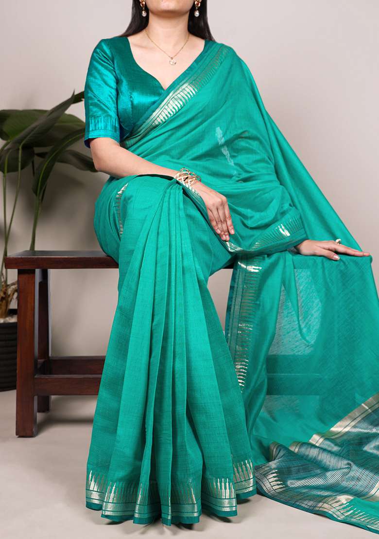 Teal Zari Weaving Silk Blend Saree Set - Indya