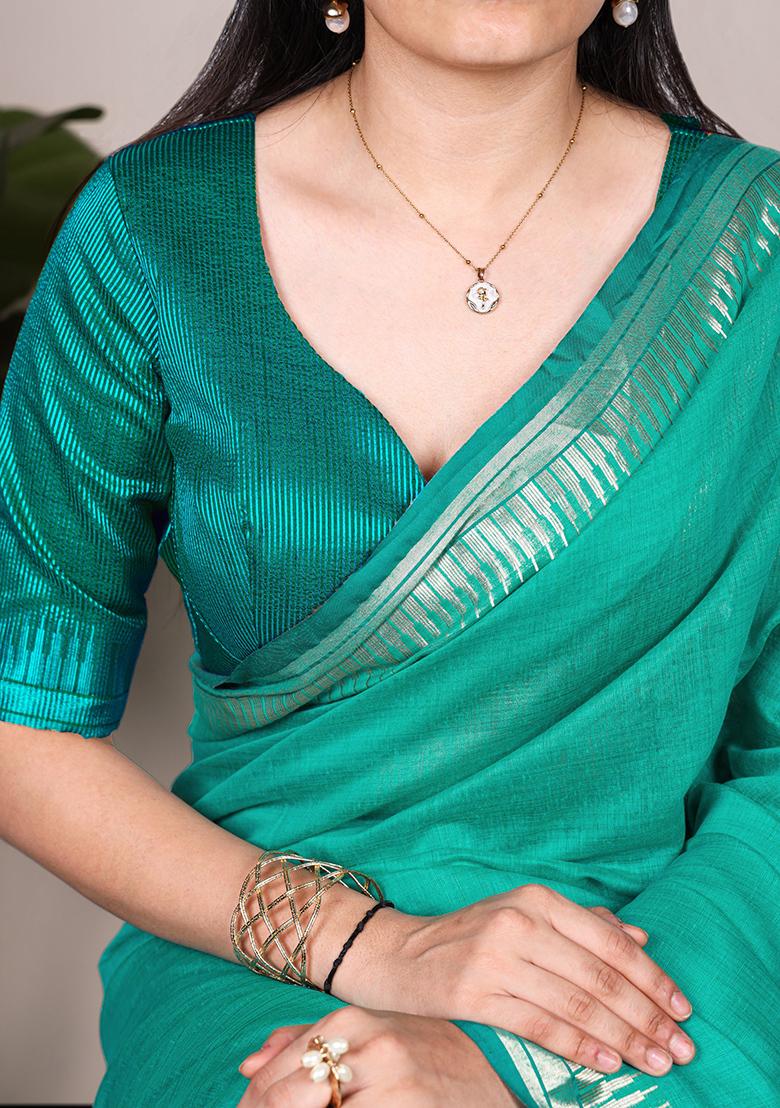 Teal Zari Weaving Silk Saree Set - Indya