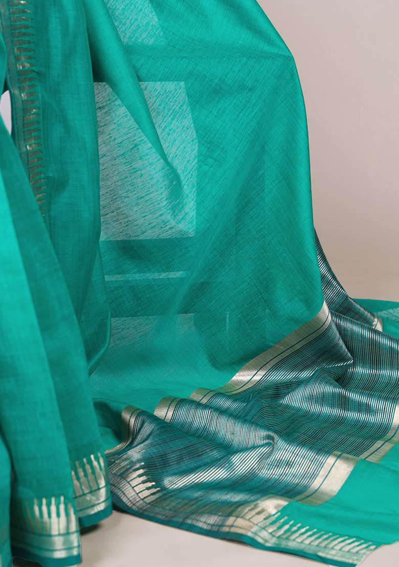 Teal Zari Weaving Silk Blend Saree Set - Indya