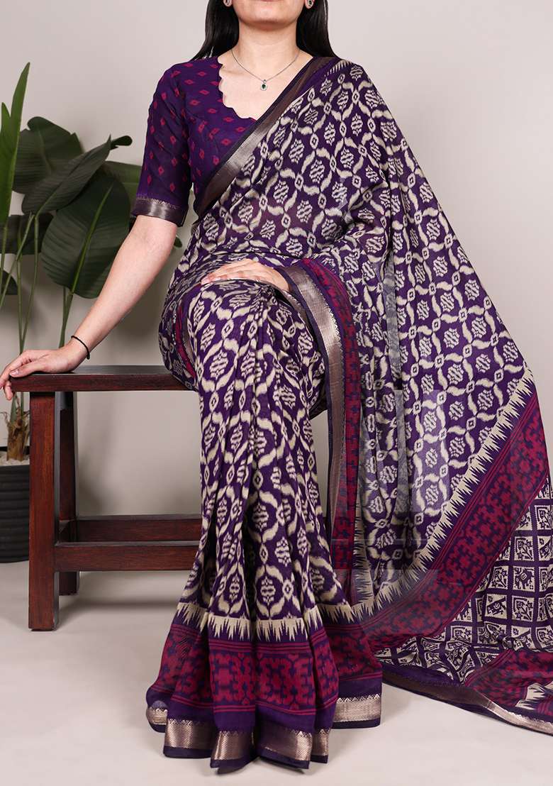 Purple Printed Chanderi Saree Set for Diwali and Festive Wear - Indya