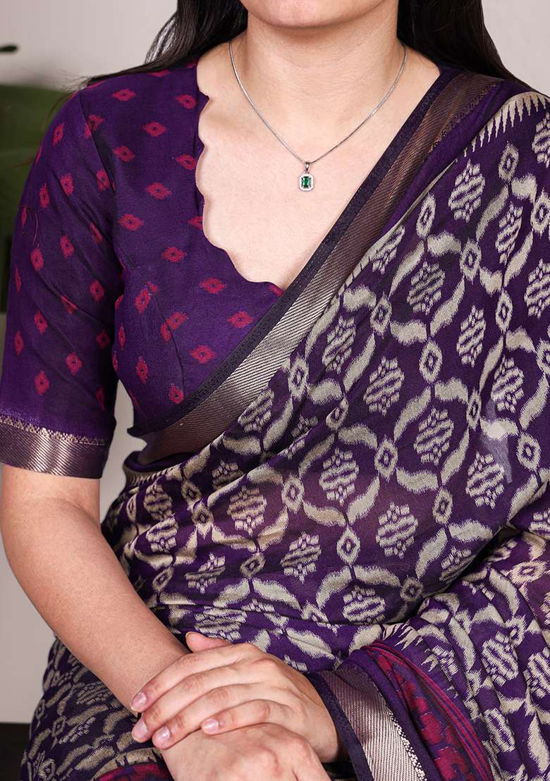 Purple Printed Chanderi Saree Set for Diwali and Festive Wear - Indya