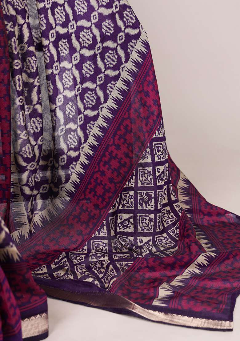 Purple Printed Chanderi Saree Set for Diwali and Festive Wear - Indya