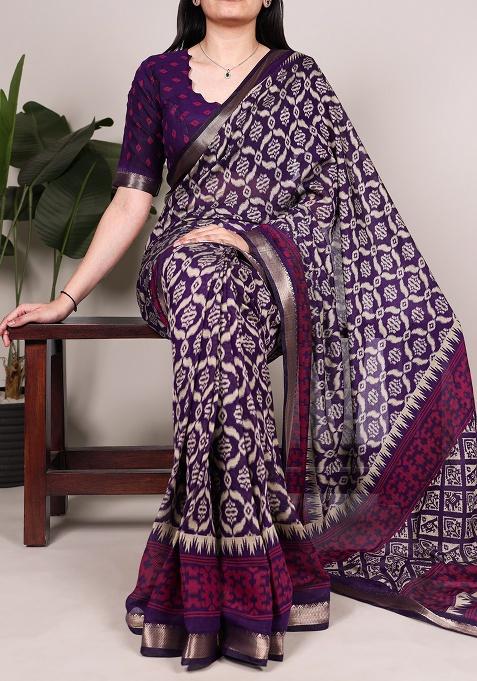 Purple Printed Chanderi Saree Set