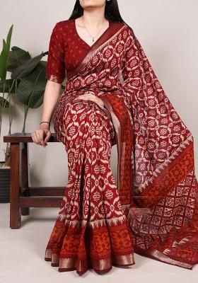Maroon Printed Chanderi Saree Set