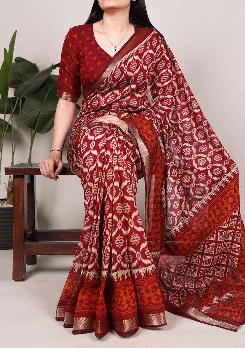 Maroon Printed Chanderi Saree Set - Indya