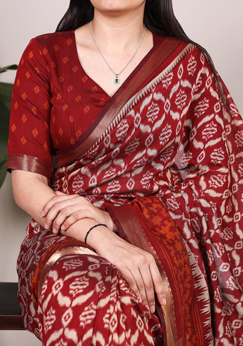 Maroon Printed Chanderi Saree Set - Indya