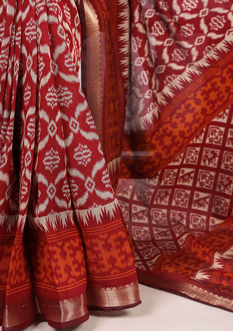 Maroon Printed Chanderi Saree Set - Indya