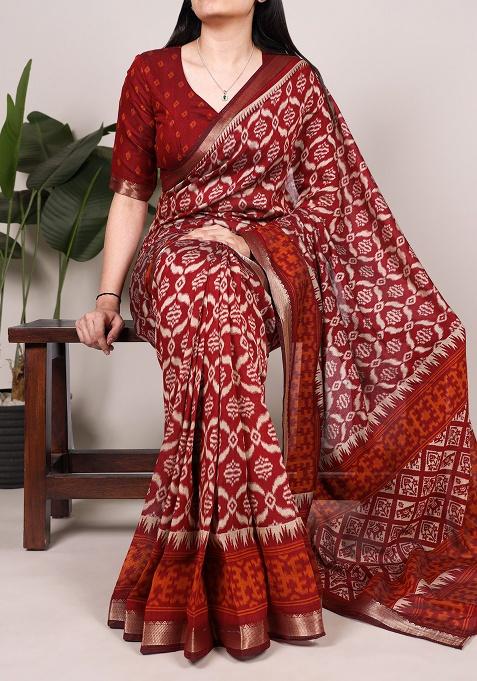 Maroon Printed Chanderi Saree Set
