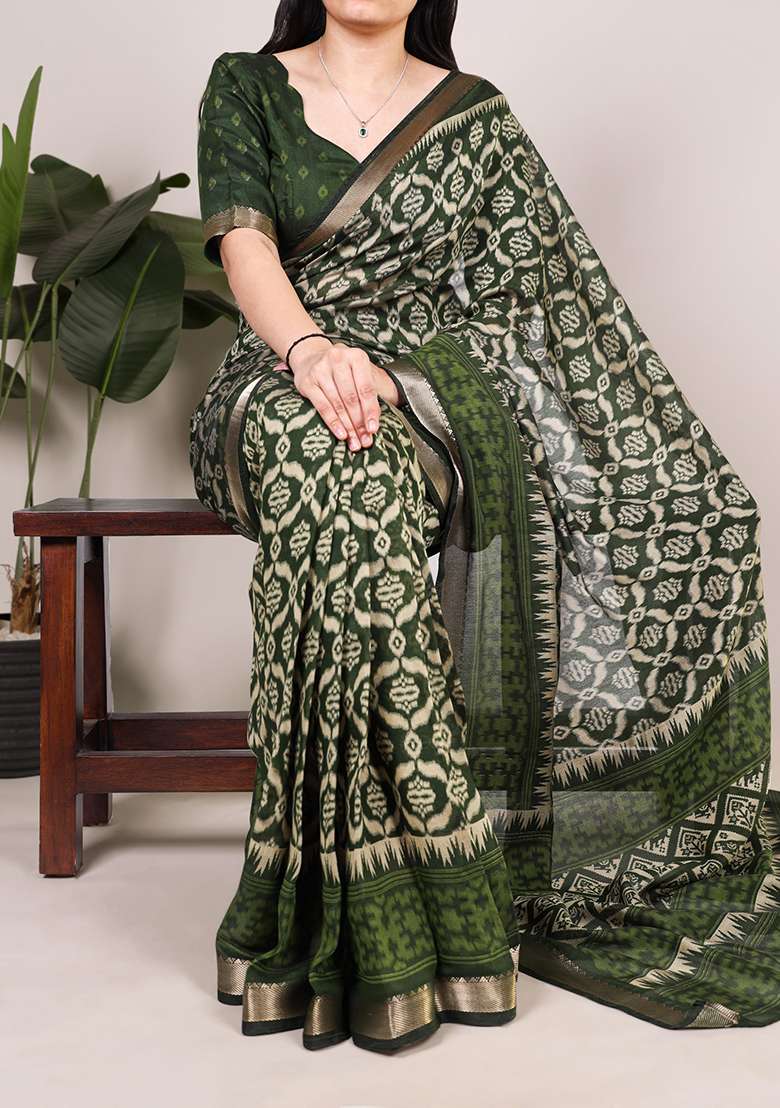 Black Chanderi Saree Set with Printed for Diwali | Wedding & Festive Wear - Indya