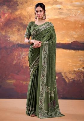 Green Printed Crepe Saree Set