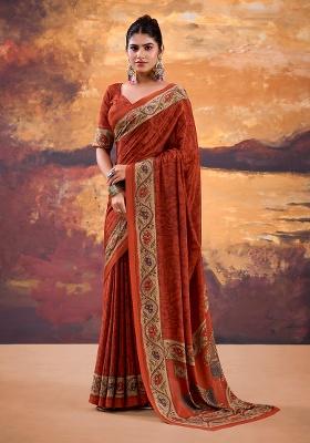 Rust Printed Crepe Saree Set