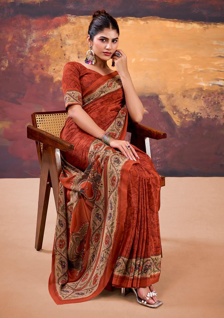 Rust Printed Crepe Saree Set - Indya