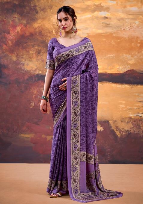 Purple Printed Crepe Saree Set
