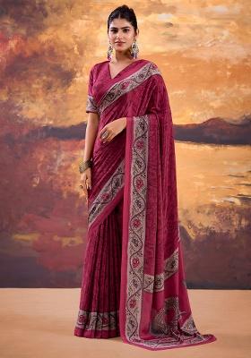 Pink Printed Crepe Saree Set