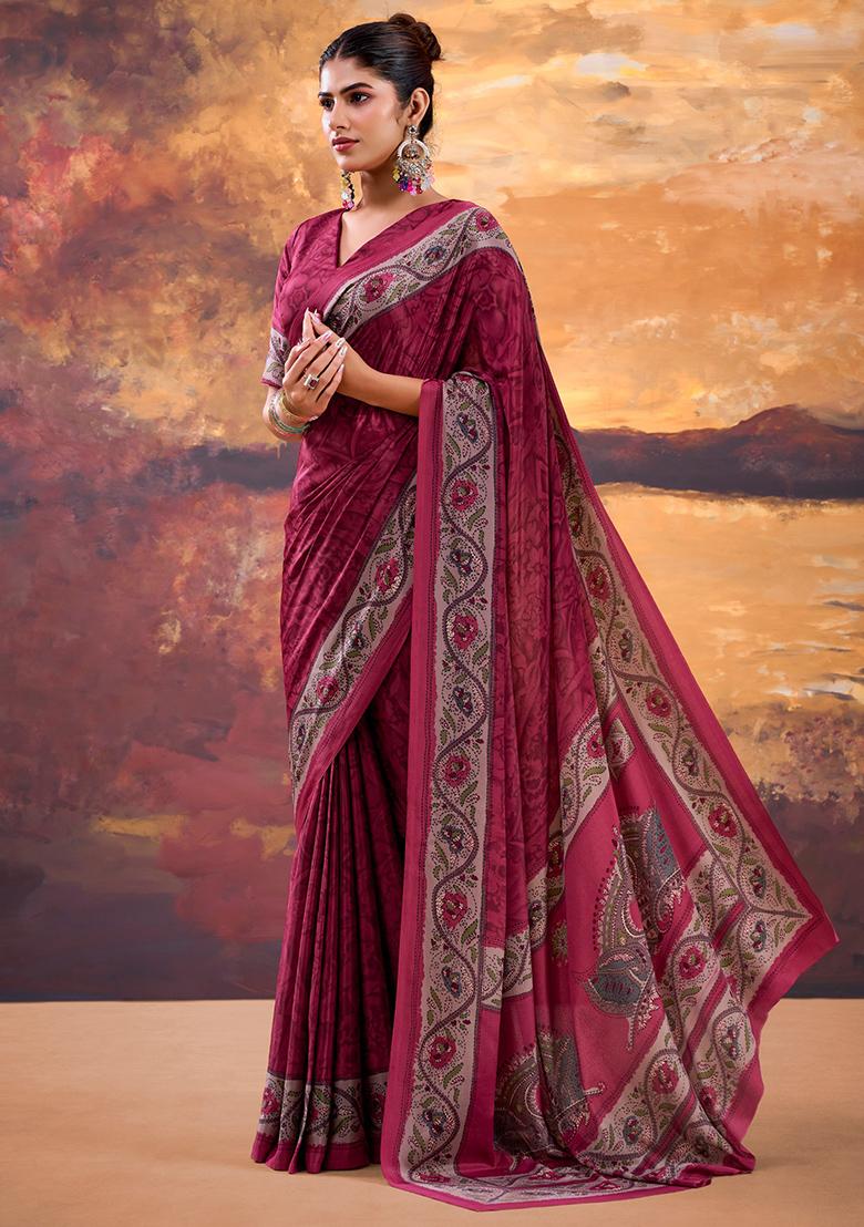 Pink Printed Crepe Saree Set - Indya