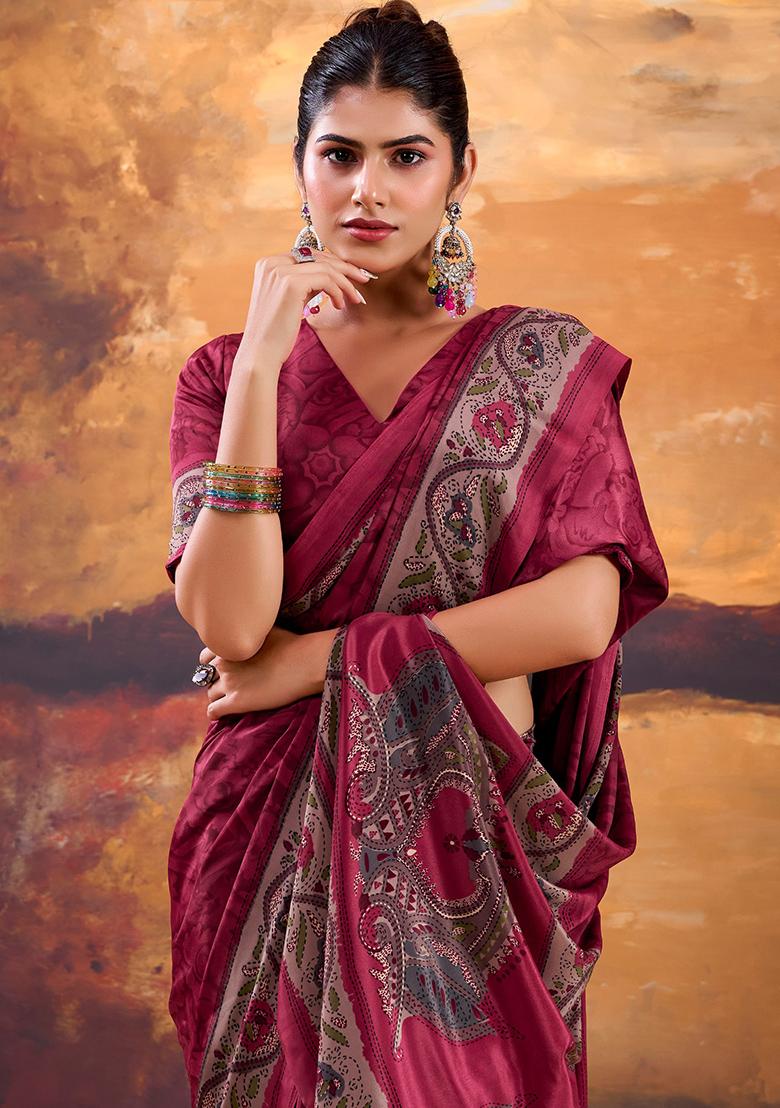 Pink Printed Crepe Saree Set - Indya