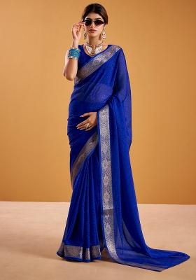Royal Blue Zari Weaving Poly Shimmer Saree Set