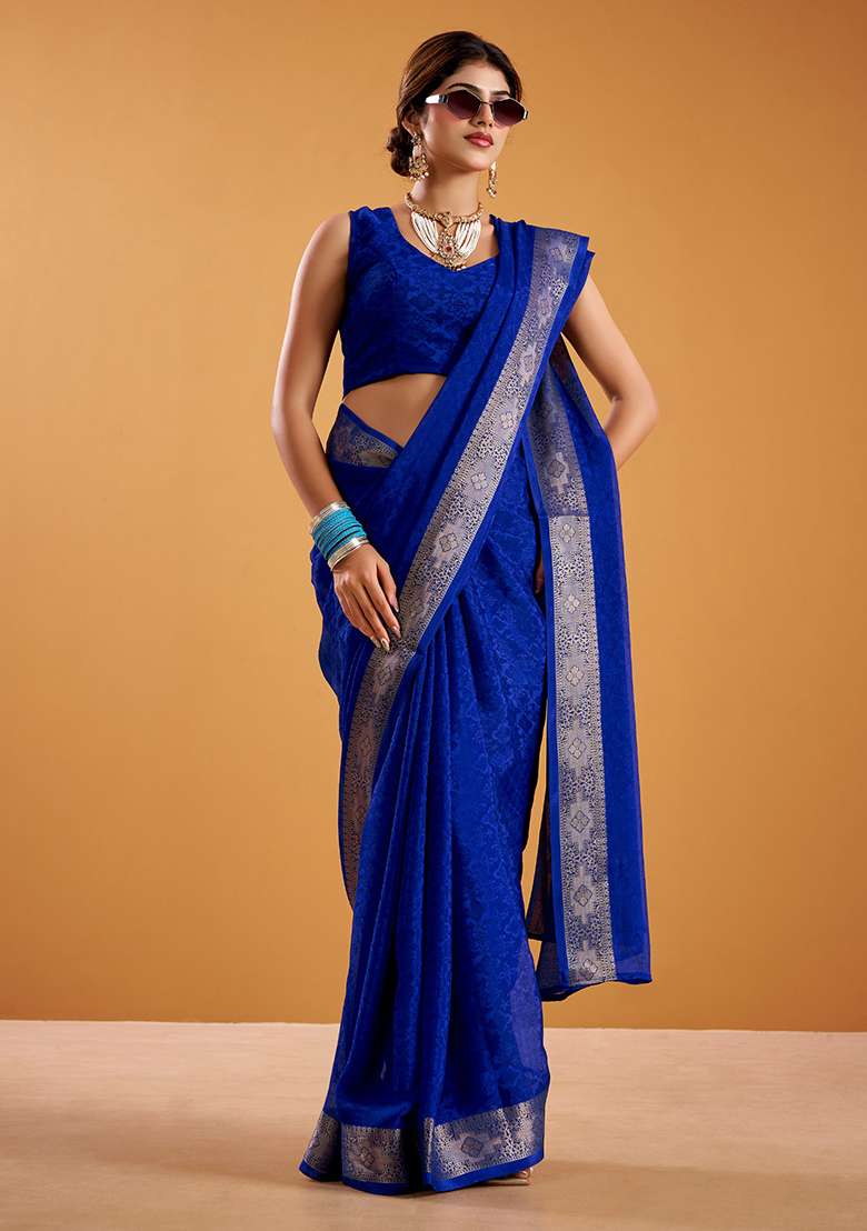 Royal Blue Zari Weaving Poly Shimmer Saree Set for Diwali | Wedding & Festive Wear - Indya