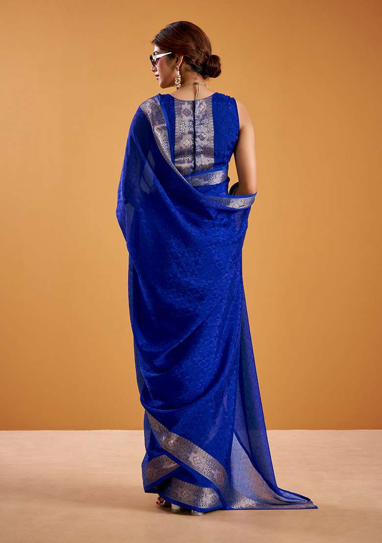 Royal Blue Zari Weaving Poly Shimmer Saree Set for Diwali | Wedding & Festive Wear - Indya