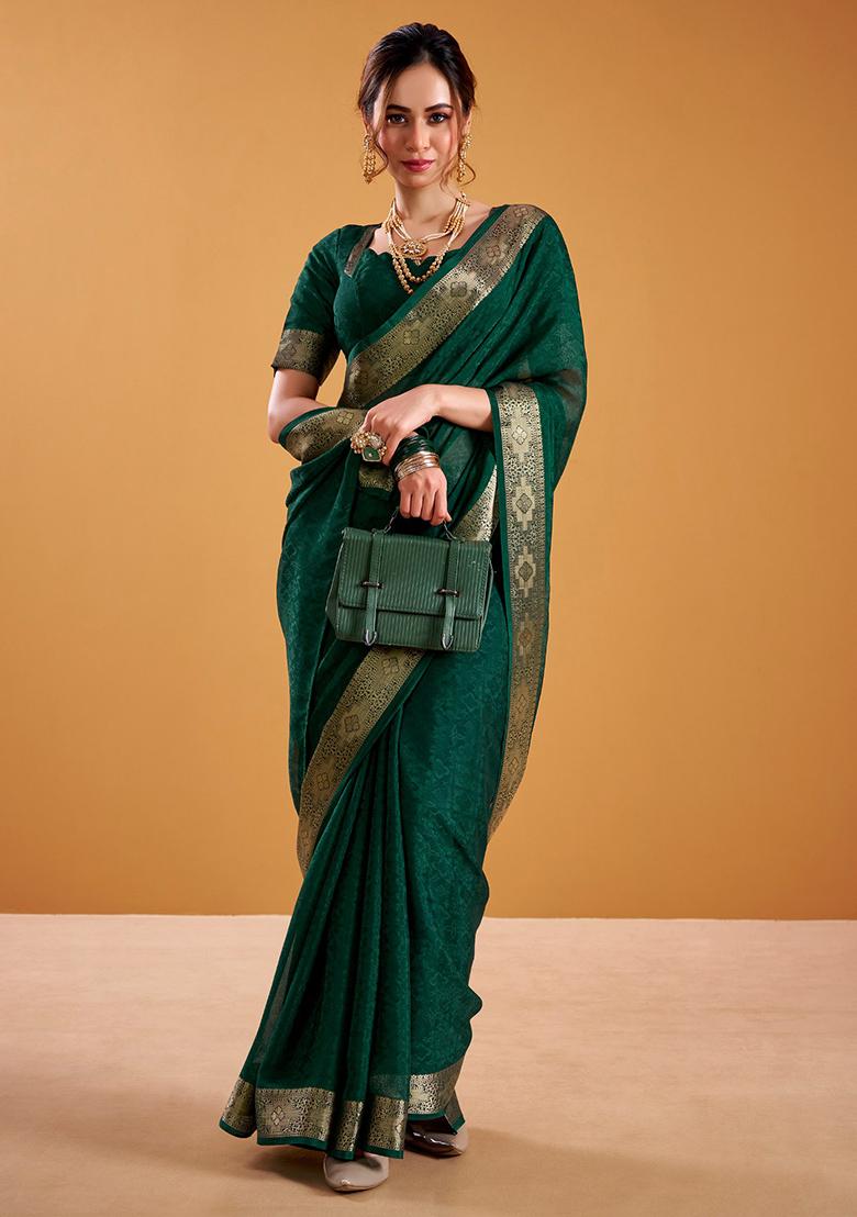 Green Zari Weaving Poly Shimmer Saree Set - Indya