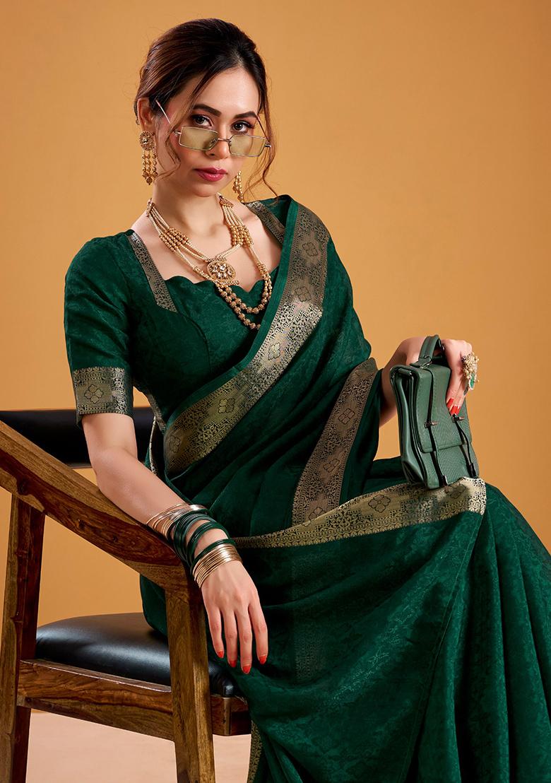 Green Zari Weaving Poly Shimmer Saree Set - Indya
