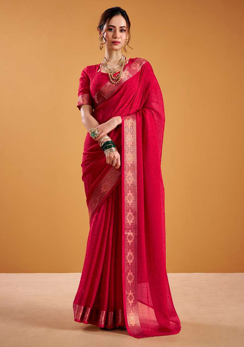 Red Zari Weaving Poly Shimmer Saree Set for Diwali and Festive Wear - Indya