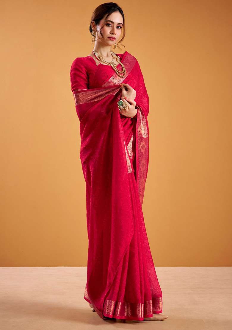 Red Zari Weaving Poly Shimmer Saree Set for Diwali and Festive Wear - Indya
