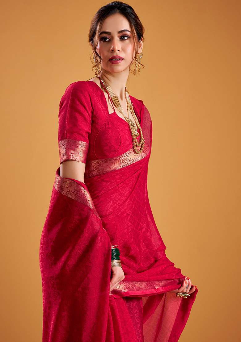 Red Zari Weaving Poly Shimmer Saree Set for Diwali and Festive Wear - Indya