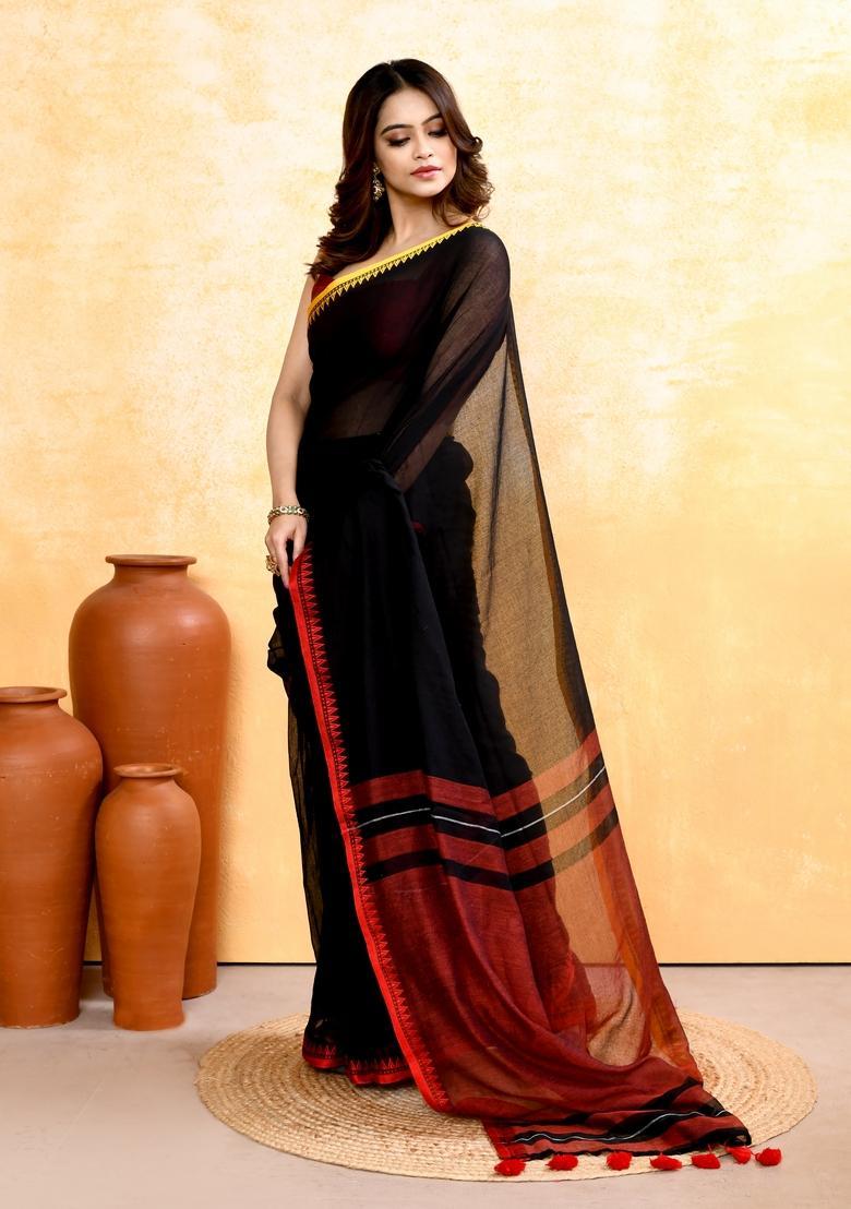 Black Handloom Cotton Saree Set - Indya
