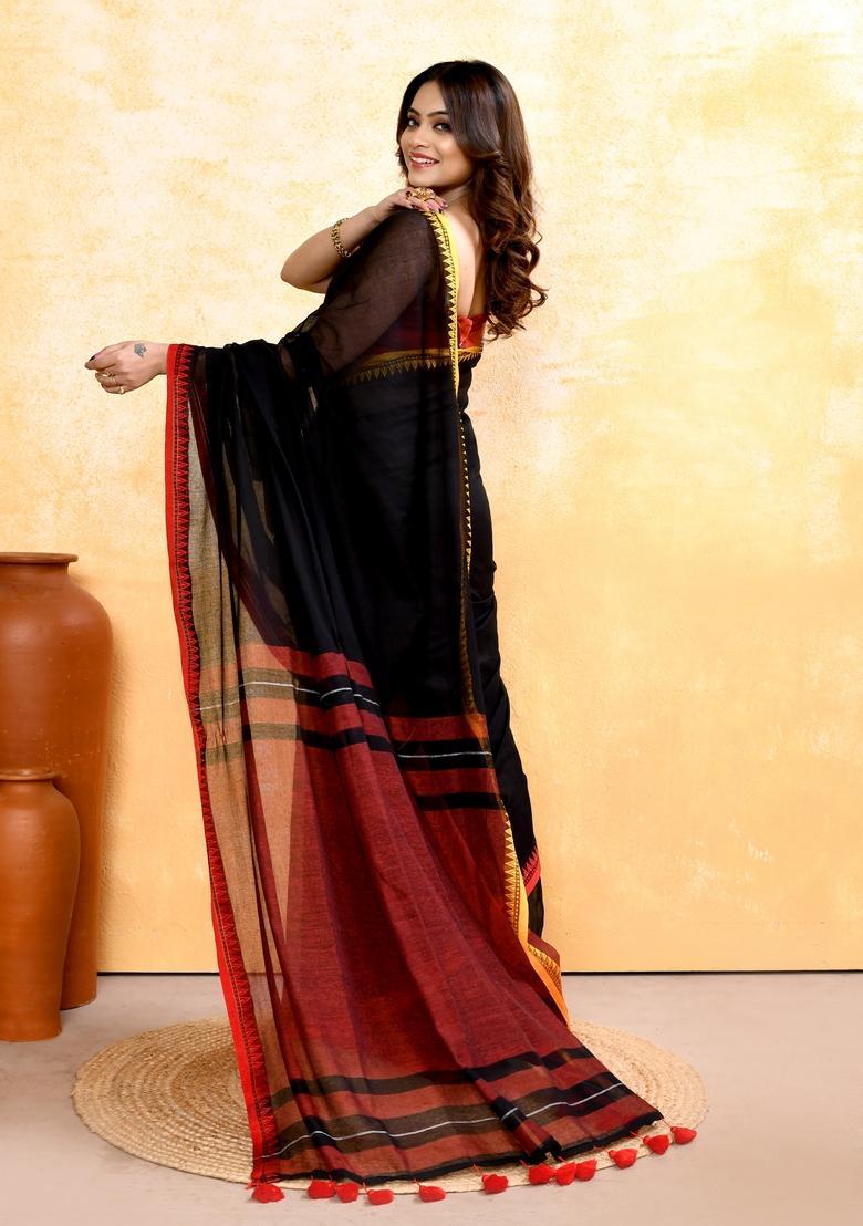 Black Handloom Cotton Saree Set - Indya