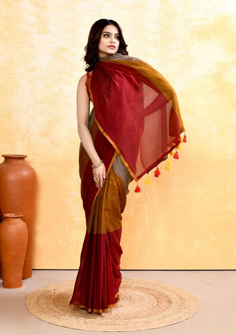 Multicolor Handloom Cotton Saree - Indya