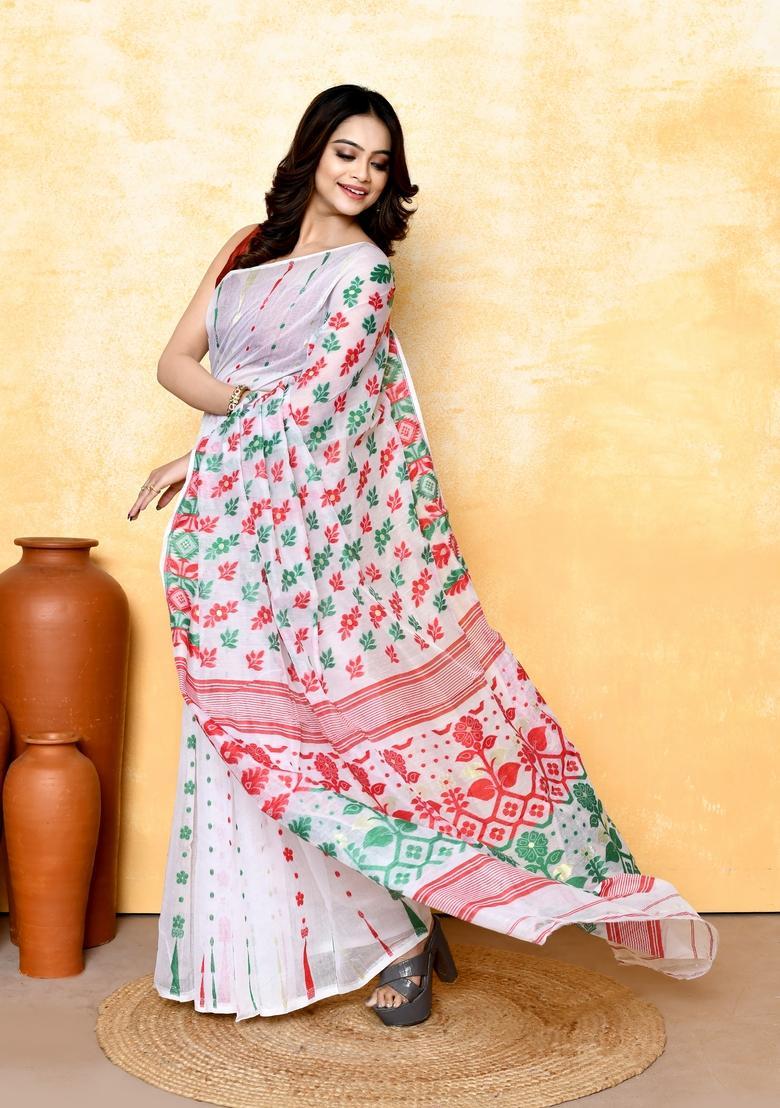 White Jamdani Cotton Saree - Indya