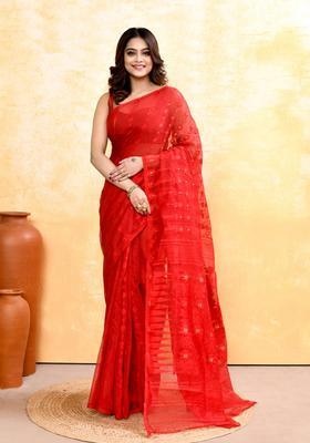 Red Jamdani Cotton Saree
