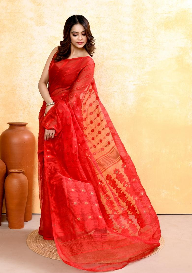 Red Jamdani Cotton Saree - Indya