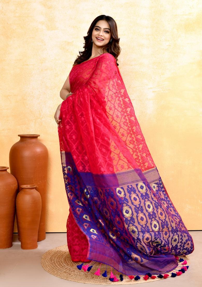 Rani Pink Jamdani Cotton Saree - Indya