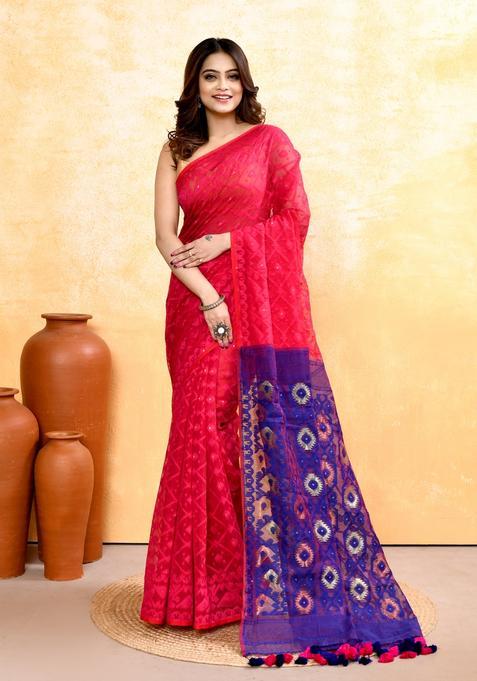 Rani Pink Jamdani Cotton Saree