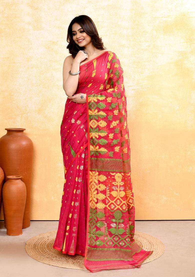 Red Jamdani Cotton Saree for Diwali and Festive Wear - Indya