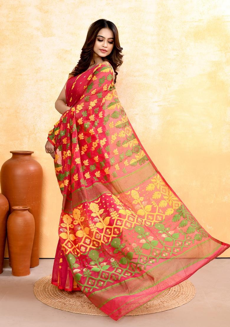 Red Jamdani Cotton Saree - Indya