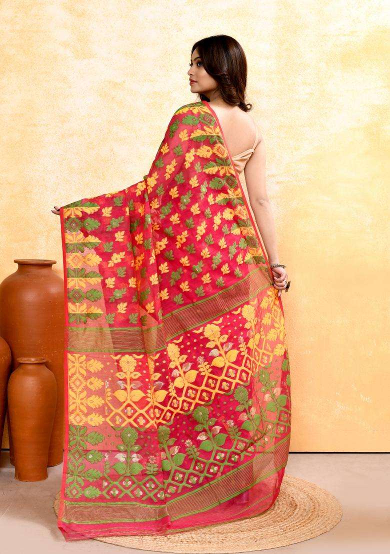 Red Jamdani Cotton Saree for Diwali and Festive Wear - Indya