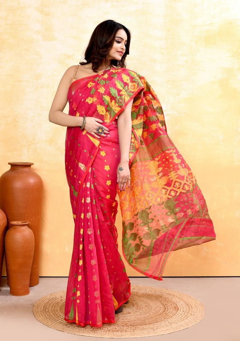Red Jamdani Cotton Saree - Indya