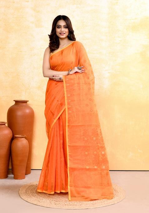 Orange Jamdani Cotton Saree