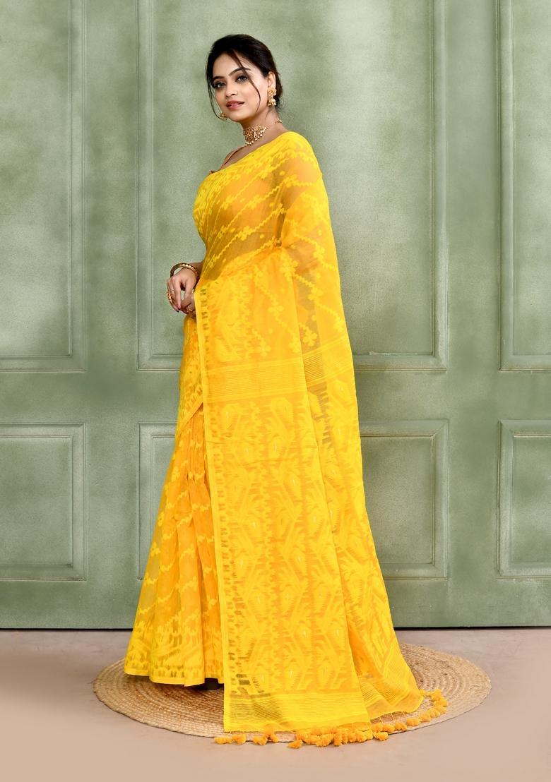 Yellow Jamdani Cotton Saree - Indya