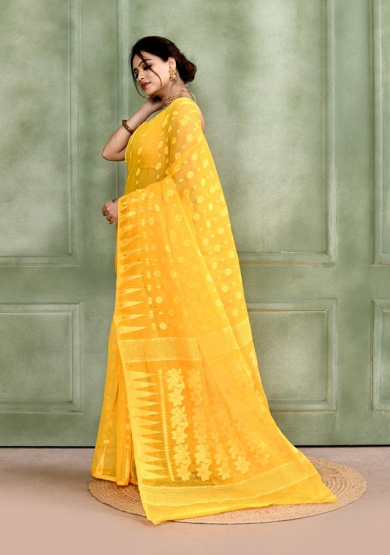 Yellow Jamdani Cotton Saree - Indya