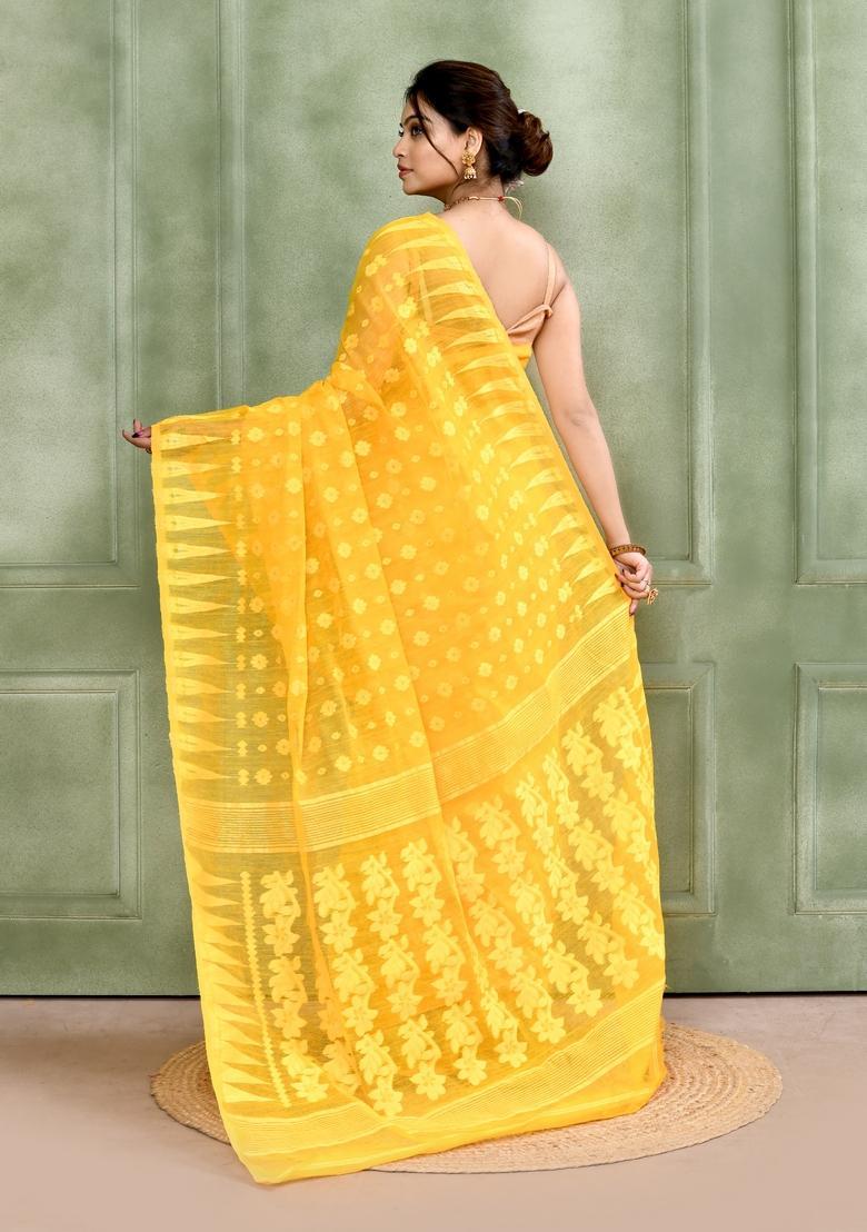 Yellow Jamdani Cotton Saree - Indya