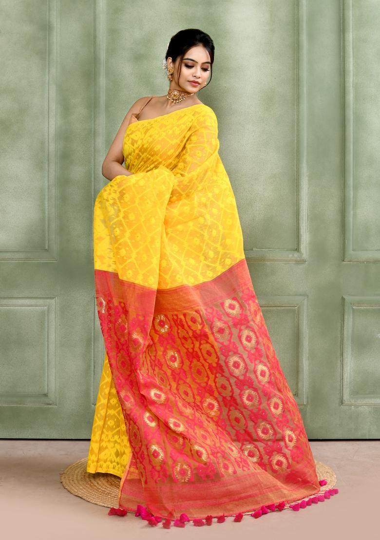 Yellow Jamdani Cotton Saree - Indya