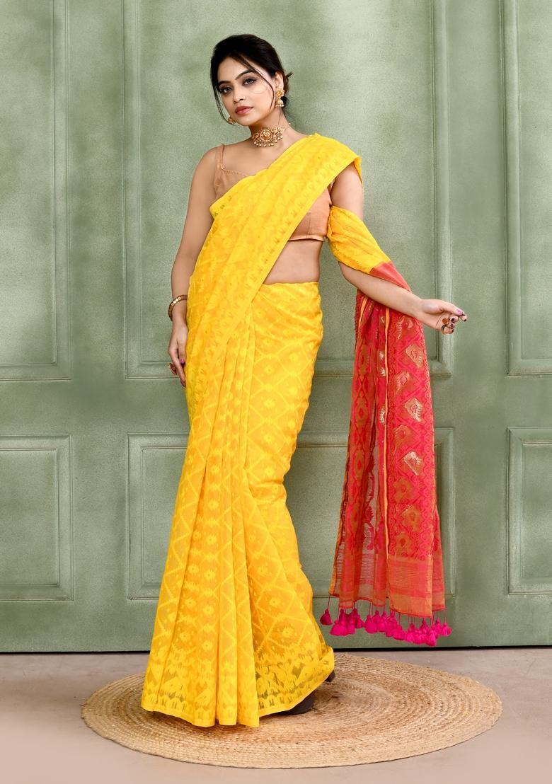 Yellow Jamdani Cotton Saree - Indya