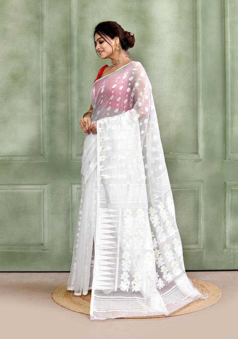 White Jamdani Cotton Saree - Indya