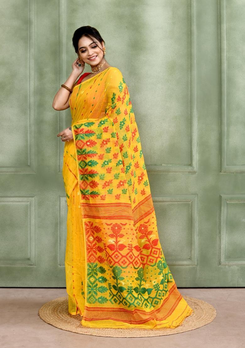 Yellow Jamdani Cotton Saree - Indya