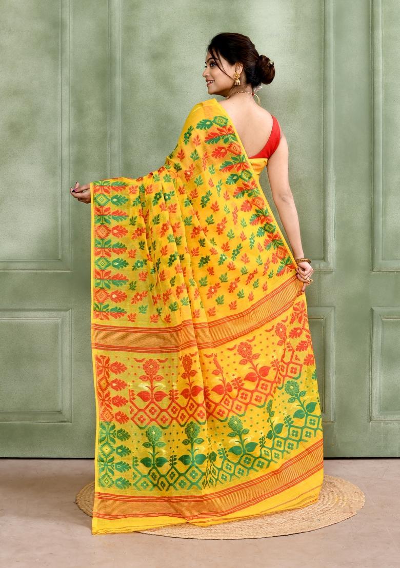 Yellow Jamdani Cotton Saree - Indya